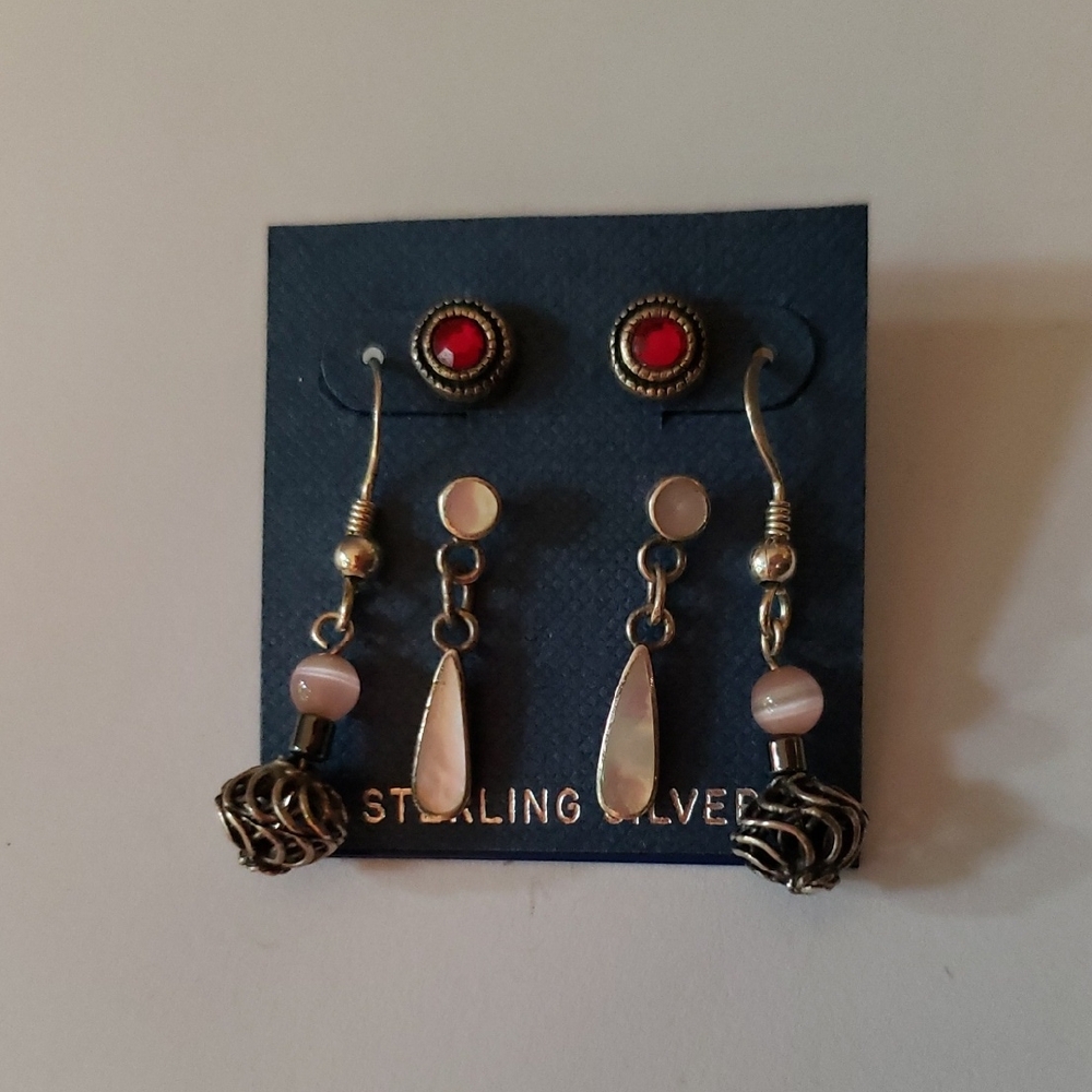 3 pairs of earrings Sterling silver with pink, white and red NWOT - Picture 1 of 10